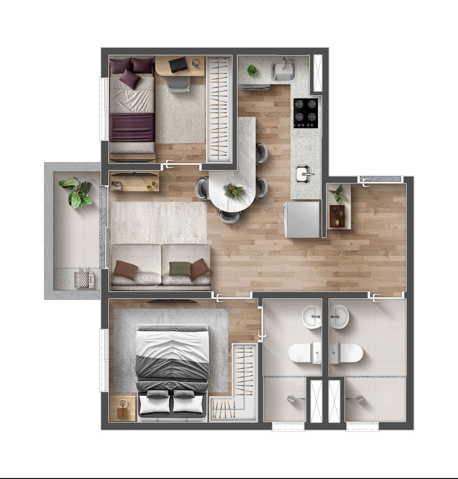 Planta 2 Dormitórios com Suíte